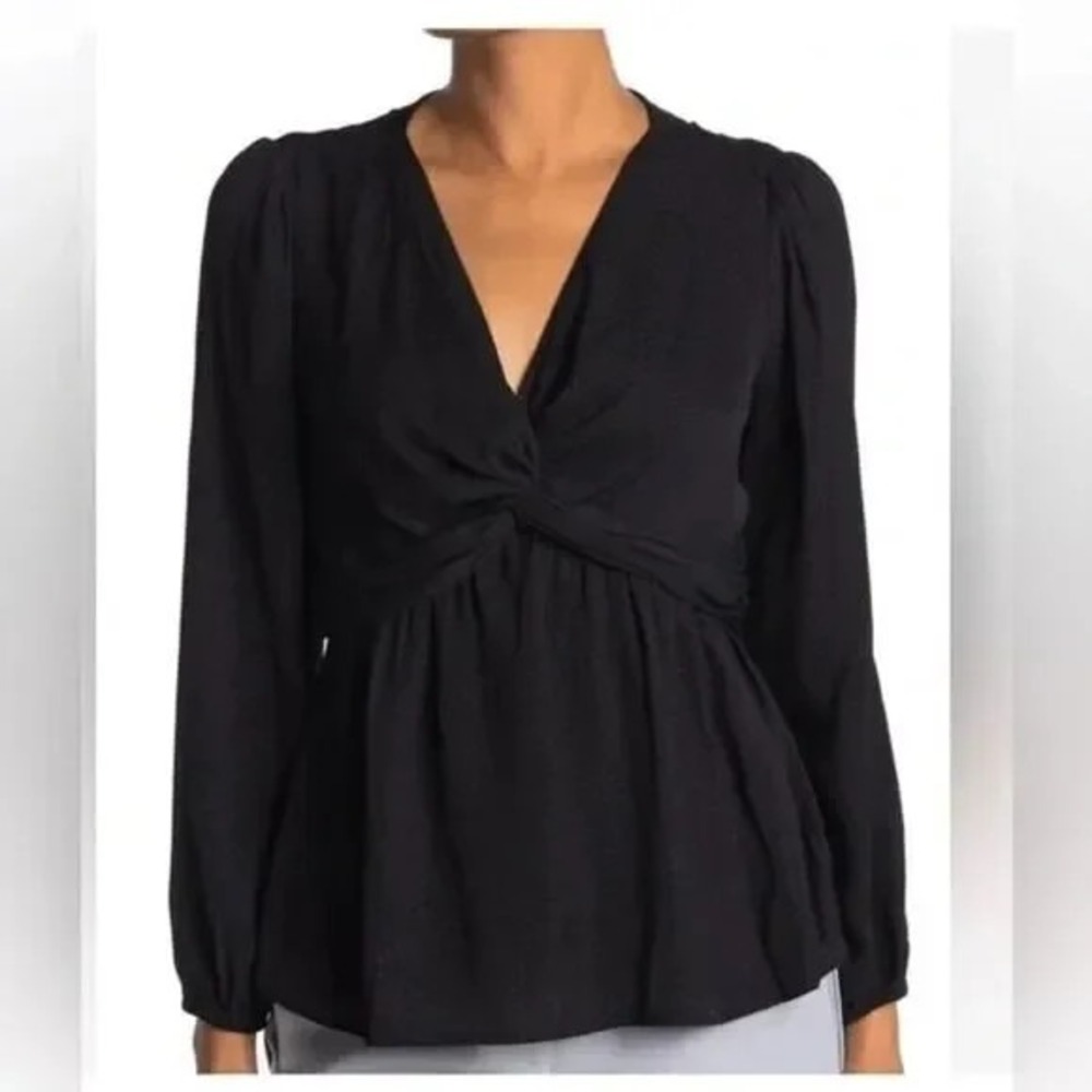 Pleione Blouse Womens L Black Ribbed‎ Stripe Twist Front Long Sleeve Tunic Top
